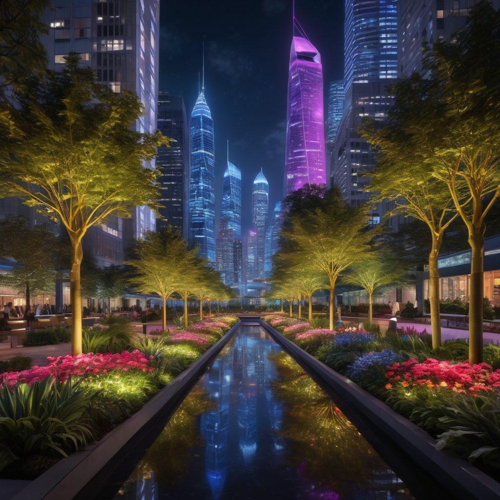 An imaginative scene depicting a futuristic cityscape at night, illuminated by innovative FX architectural and landscape lighting, highlighting sleek skyscrapers and lush garden spaces intertwined with glowing pathways. Incorporate playful light patterns and dynamic colors that evoke a sense of wonder and creativity. A person gazing in awe at the vibrant display adds a human element. super-realistic. vibrant colors. nighttime setting.