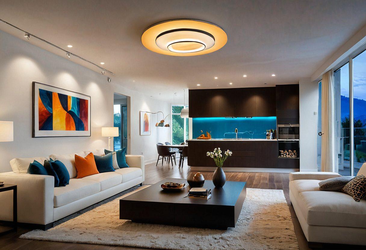 A modern living space showcasing advanced FX lighting technology, featuring dynamic color-changing LED lights, elegant pendant fixtures casting warm glows, and smart controls displayed on a sleek tablet. The ambiance should radiate warmth and efficiency, with subtle shadows enhancing the room's design. Include visual indicators of energy efficiency. super-realistic. vibrant colors. minimalistic style.